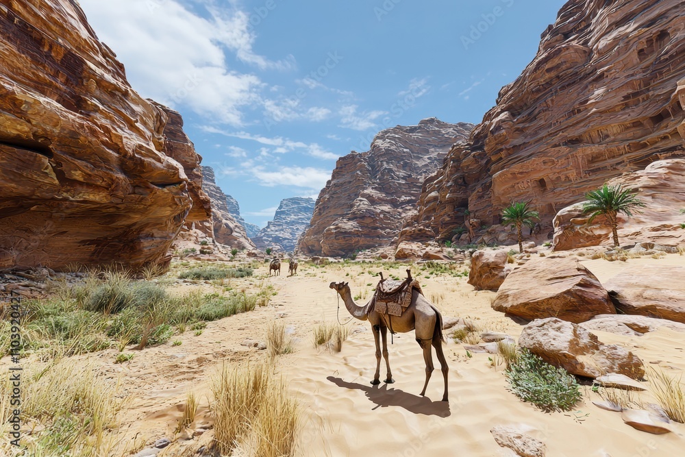 A scenic desert landscape featuring a camel, rocky cliffs, and a bright blue sky, evoking a sense of adventure and tranquility.