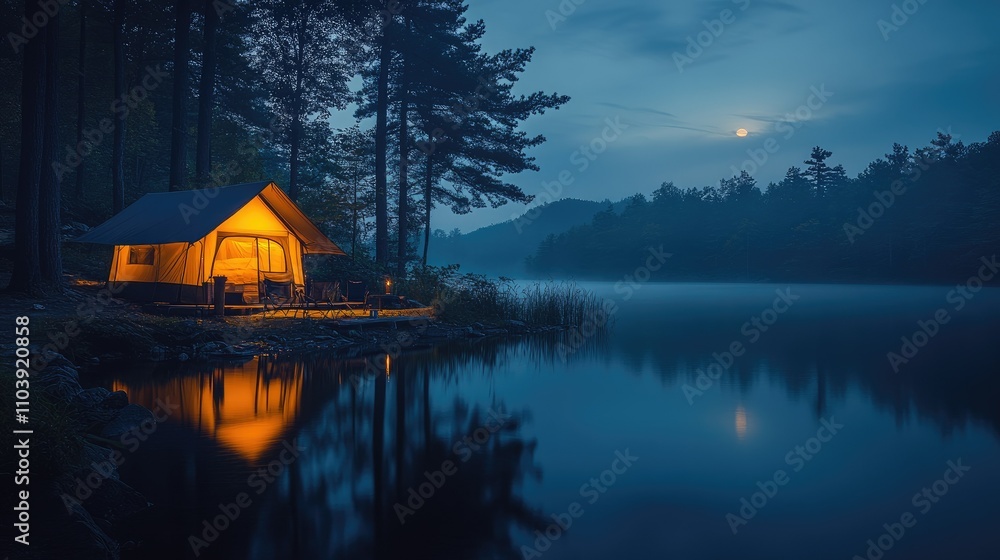 Fototapeta premium A serene lakeside camping scene with a glowing tent under a moonlit sky.