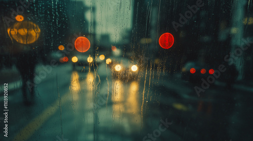 vidro com chuva com blur e luzes de carros