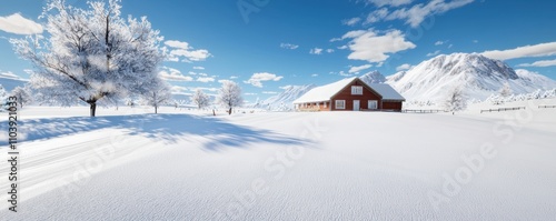 Wallpaper Mural A serene winter landscape featuring a red barn surrounded by snow-covered fields and frosted trees under a clear blue sky. Torontodigital.ca