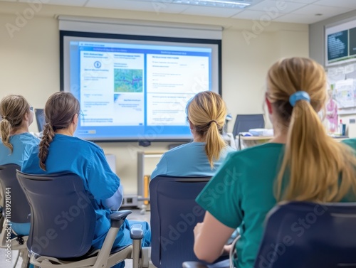 Health and safety training session in hospital conference room features four medical staff in scrubs viewing a presentation on large screen, highlighting importance of ongoing education in healthcare