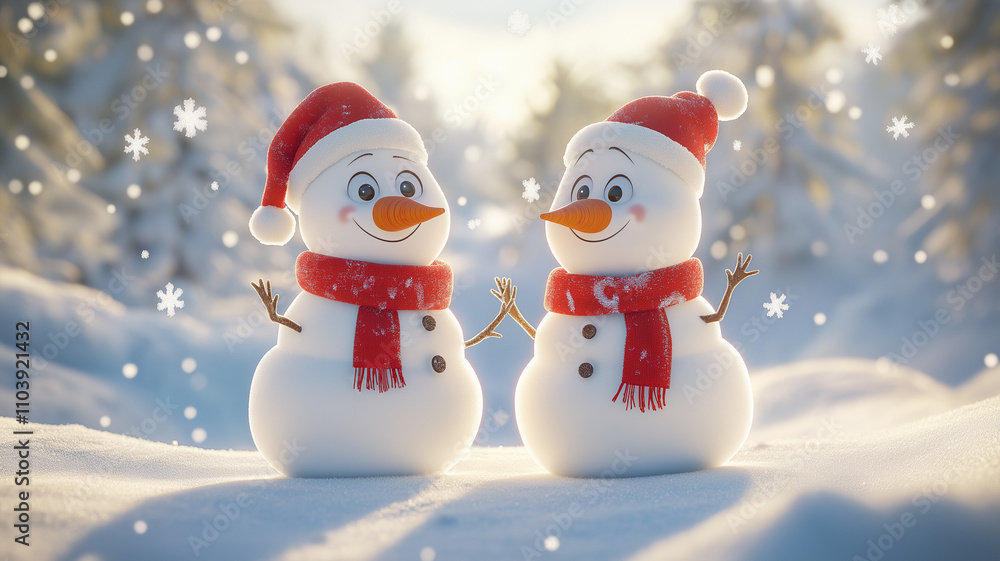 Two Cute Cartoon Snowmen in a Winter Forest Scene