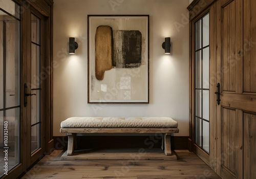 Farmhouse, rustic interior design of modern hall, home. Rustic entryway with wooden bench, neutral decor, textured cushion, and abstract art in a warm, welcoming space.
