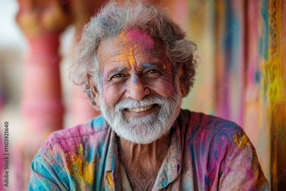 Portrait of a smiling senior indian man celebrating holi festival, covered with colored gulal powder Portrait of a smiling senior indian man celebrating holi festival, covered with colored gulal powder