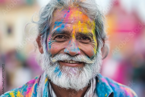 Portrait of a cheerful senior man enjoying the holi festival, covered in vibrant colors photo