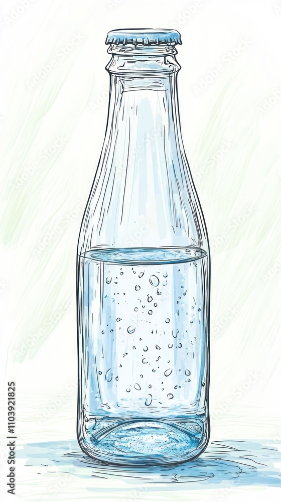 A clear glass bottle filled with sparkling water, showcasing bubbles and a simple design. A clear glass bottle filled with sparkling water, showcasing bubbles and a simple design.