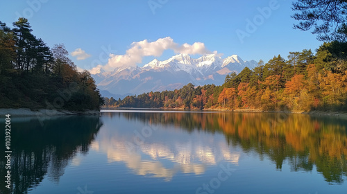 Alpine Lake with Autumn Forest and Mountains