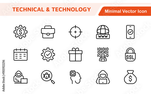 Technology and Development Icon Set. Modern and innovative icons tailored for tech apps and projects, perfect for showcasing development tools, software solutions, and cutting-edge technologies.