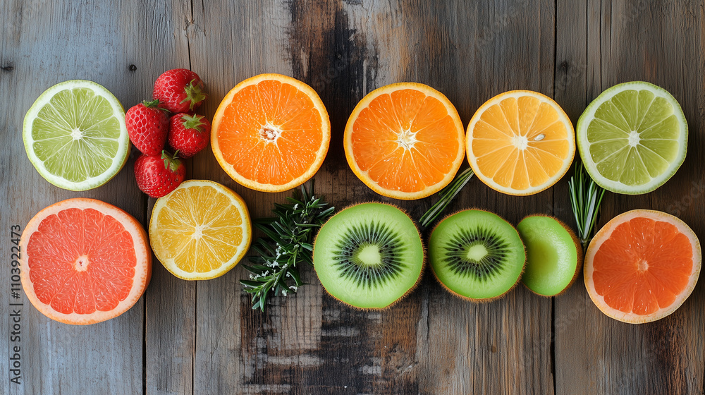 Citrus Fruits and Kiwi Slices on Rustic Wooden Table Citrus Fruits and Kiwi Slices on Rustic Wooden Table