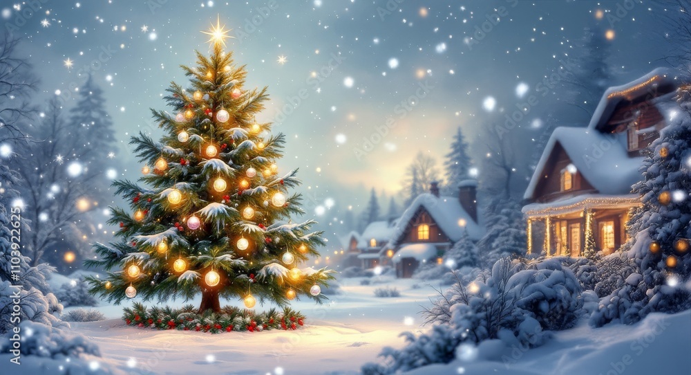 Decorated Christmas tree glowing with festive lights in a snowy winter wonderland Decorated Christmas tree glowing with festive lights in a snowy winter wonderland