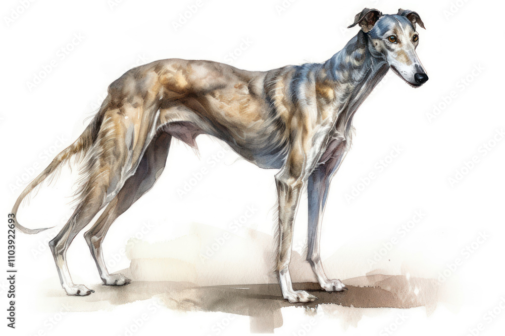 An image of a hound dog standing in full height, made in watercolor technique. An image of a hound dog standing in full height, made in watercolor technique.