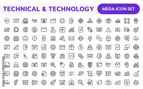 Technology and Development Icon Set. Modern and innovative icons tailored for tech apps and projects, perfect for showcasing development tools, software solutions, and cutting-edge technologies.