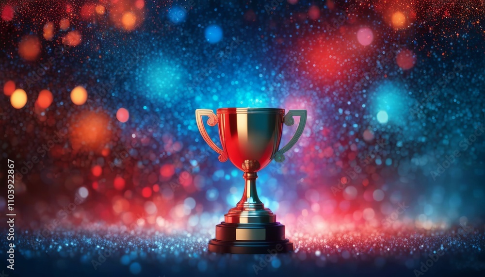 Red E-Sports winner trophy with blue and red bokeh. Created with generative AI technology Red E-Sports winner trophy with blue and red bokeh. Created with generative AI technology