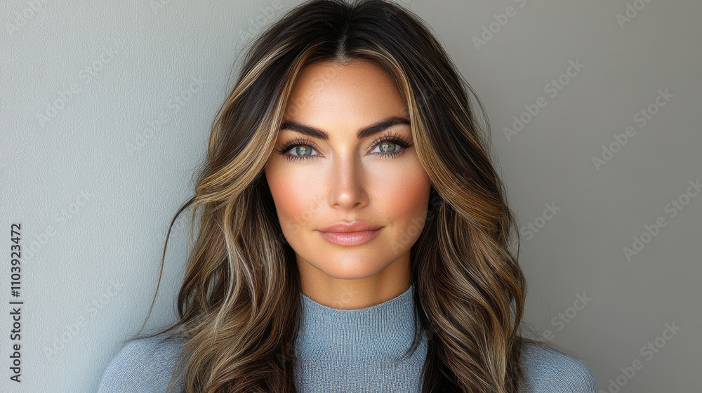 woman with long, wavy hair and striking features poses against neutral background, exuding confidence and beauty woman with long, wavy hair and striking features poses against neutral background, exuding confidence and beauty