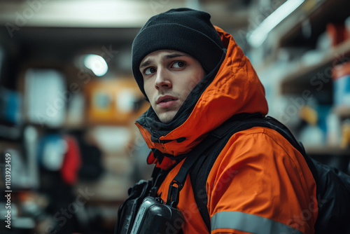 Portrait of a paramedic with safety equipment preparing for an emergency intervention in a city