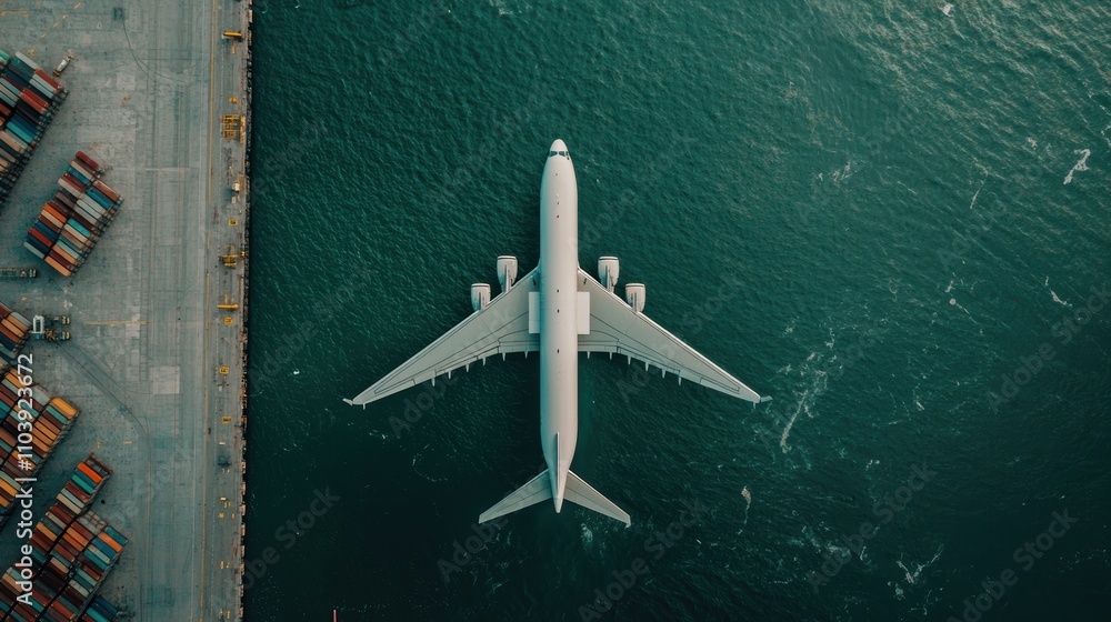 Aerial view of an airplane above water near a shipping dock, showcasing the contrast between transportation modes. Aerial view of an airplane above water near a shipping dock, showcasing the contrast between transportation modes.