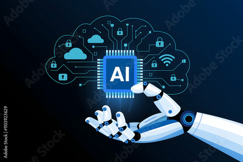 Robotic hand holds AI chip, digital brain representation with tech icons around