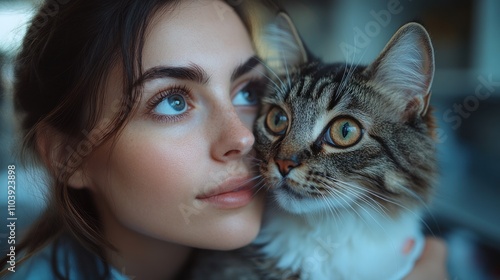 A young woman looks up with her cat, both with curious expressions.