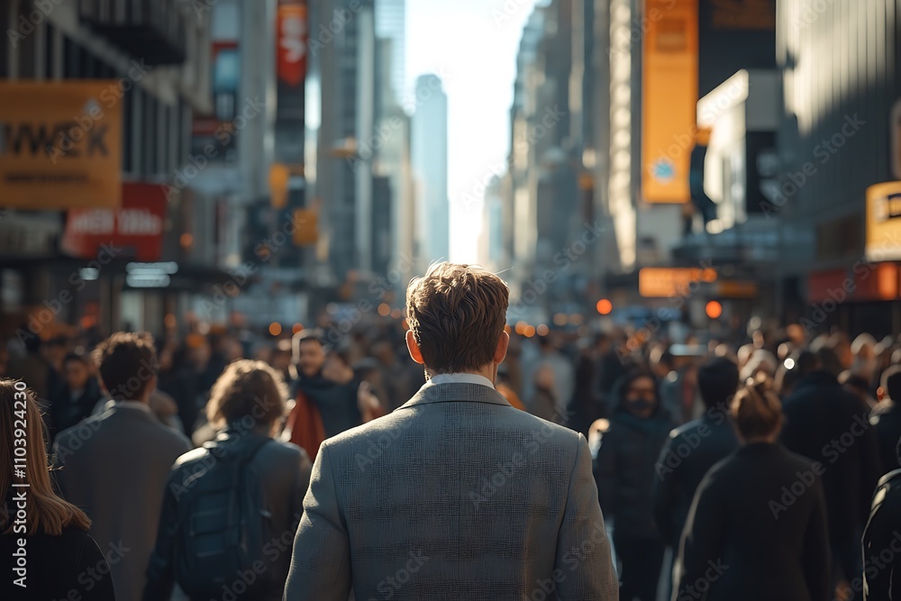 Man Walking Sunlit New York Street, Dense Crowd Man Walking Sunlit New York Street, Dense Crowd