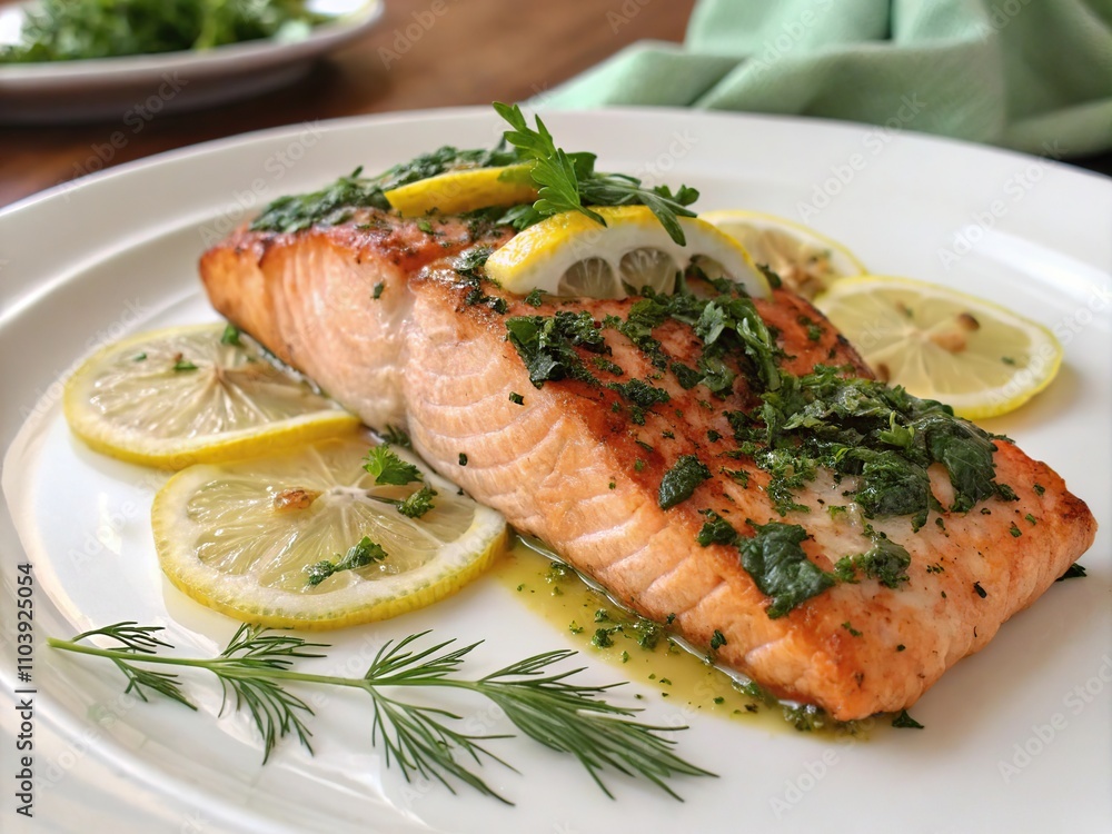 Dish featuring two pieces of raw salmon fillets placed on a white plate Dish featuring two pieces of raw salmon fillets placed on a white plate