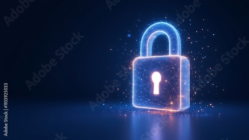 Cyber security concept. Lock symbol from lines and triangles, point connecting network on blue background.