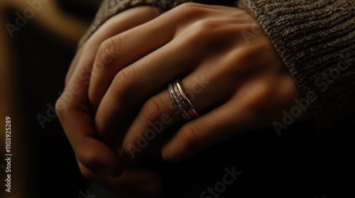  two intertwined hands wearing matching wedding bands, gold and silver tones