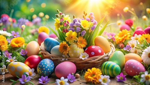 Vibrant Easter Celebration with Colorful Eggs, Fresh Flowers, and Spring Decorations for a Festive Atmosphere and Seasonal Joy