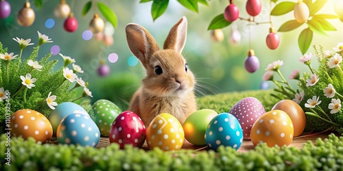 Vibrant Easter Celebration: Macro Photography of Colorful Eggs, Cheerful Bunny, and Lush Plants with a Happy Easter Banner for Greeting Cards and Festive Decor
