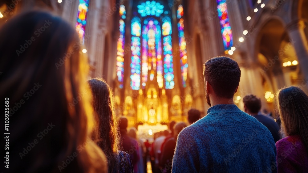 A group of viewers stands in awe before majestic stained glass in a grand cathedral, reflecting spirituality, beauty, and the significance of sacred spaces. A group of viewers stands in awe before majestic stained glass in a grand cathedral, reflecting spirituality, beauty, and the significance of sacred spaces.
