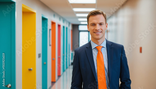 corporate man standing in the hallway, bright inviting colors, professional photo