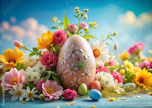 Vibrant Easter Egg Surrounded by Colorful Flowers on a Blue Background, Celebrating Spring and Joyful Festivities in a Beautifully Decorated Vertical Banner