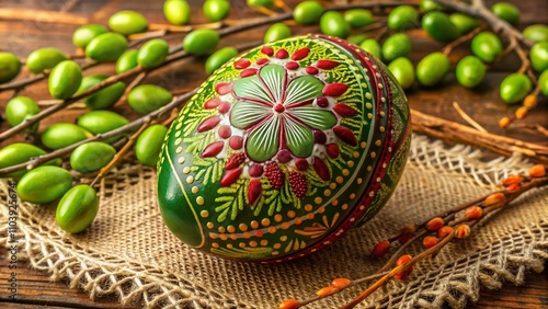 Vibrant Easter Green Egg with Decorative Lines, Dots, and Waves for an Authentic Egg Hunt Tradition in a Flat Design Style