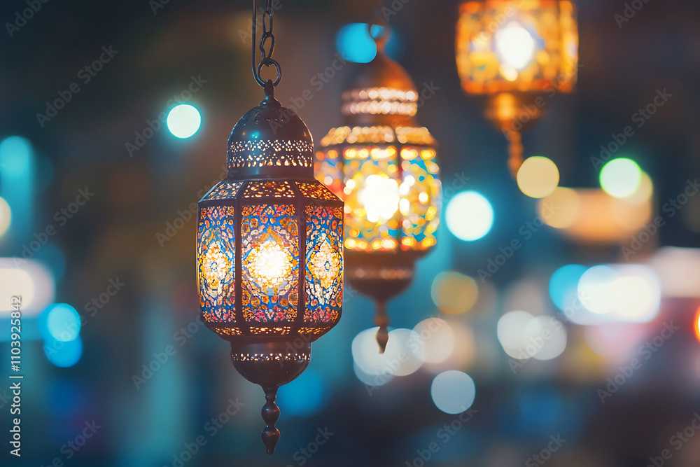 Islamic ramadan kareem celebration lantern with beautiful bokeh lights in the background. Islamic ramadan kareem celebration lantern with beautiful bokeh lights in the background.