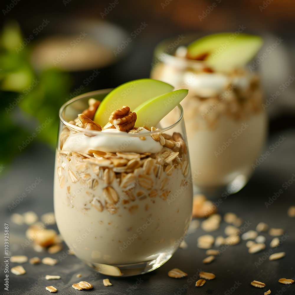 A delicious parfait with oats, yogurt, and apple slices, served in clear glasses. A delicious parfait with oats, yogurt, and apple slices, served in clear glasses.