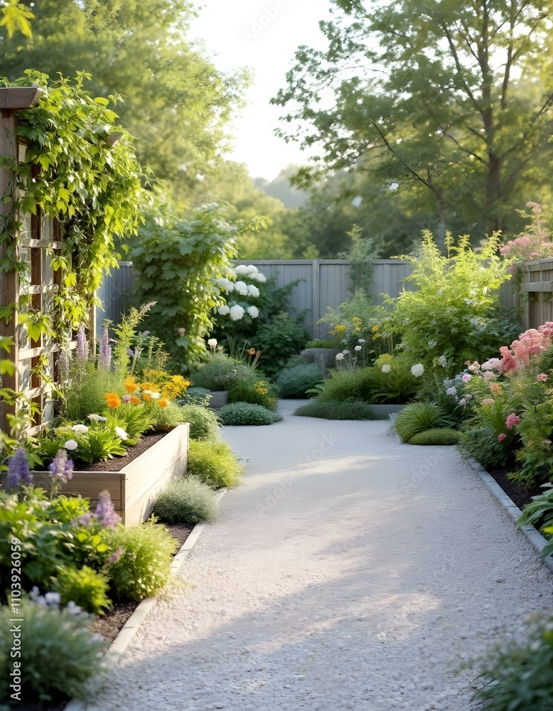 Gravel path winding through lush garden in summer sunlight Gravel path winding through lush garden in summer sunlight