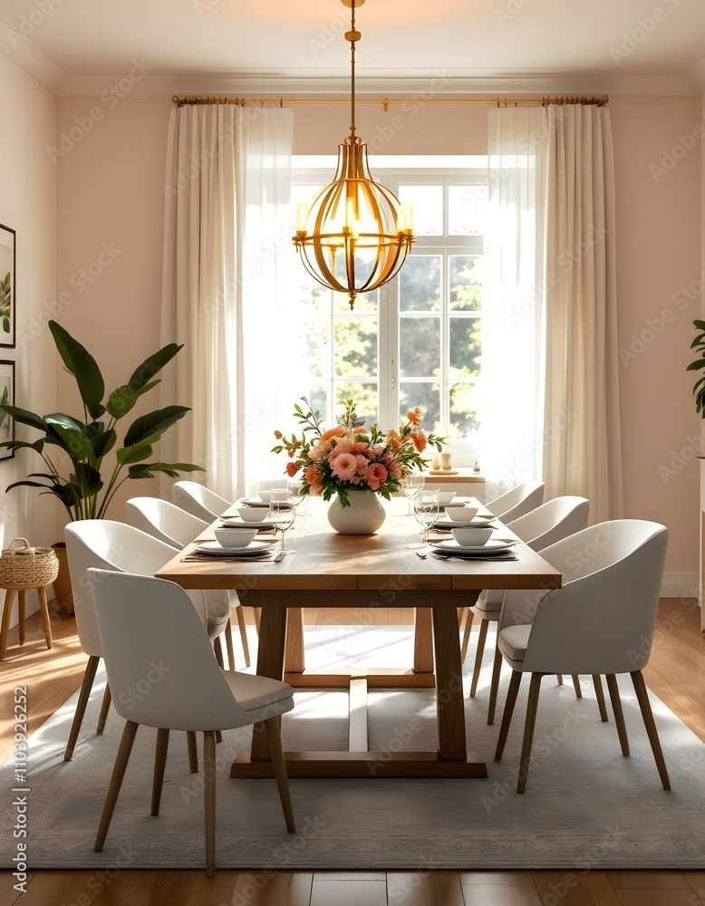 Modern dining room interior with wooden table and white chairs Modern dining room interior with wooden table and white chairs