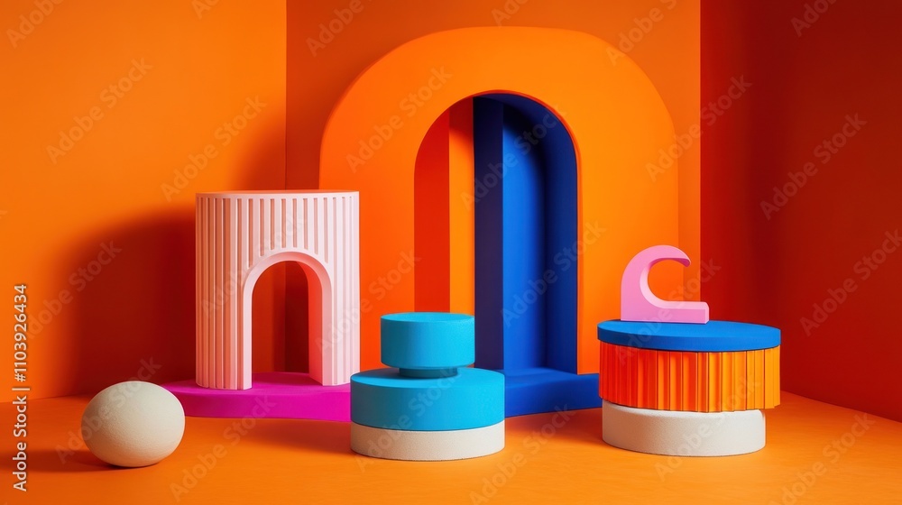 A vibrant arrangement of geometric shapes in bold colors against an orange backdrop. A vibrant arrangement of geometric shapes in bold colors against an orange backdrop.