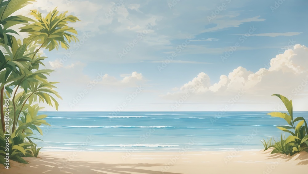 Fototapeta premium A sunny beach scene with palm trees light blue water and a sandy shore.