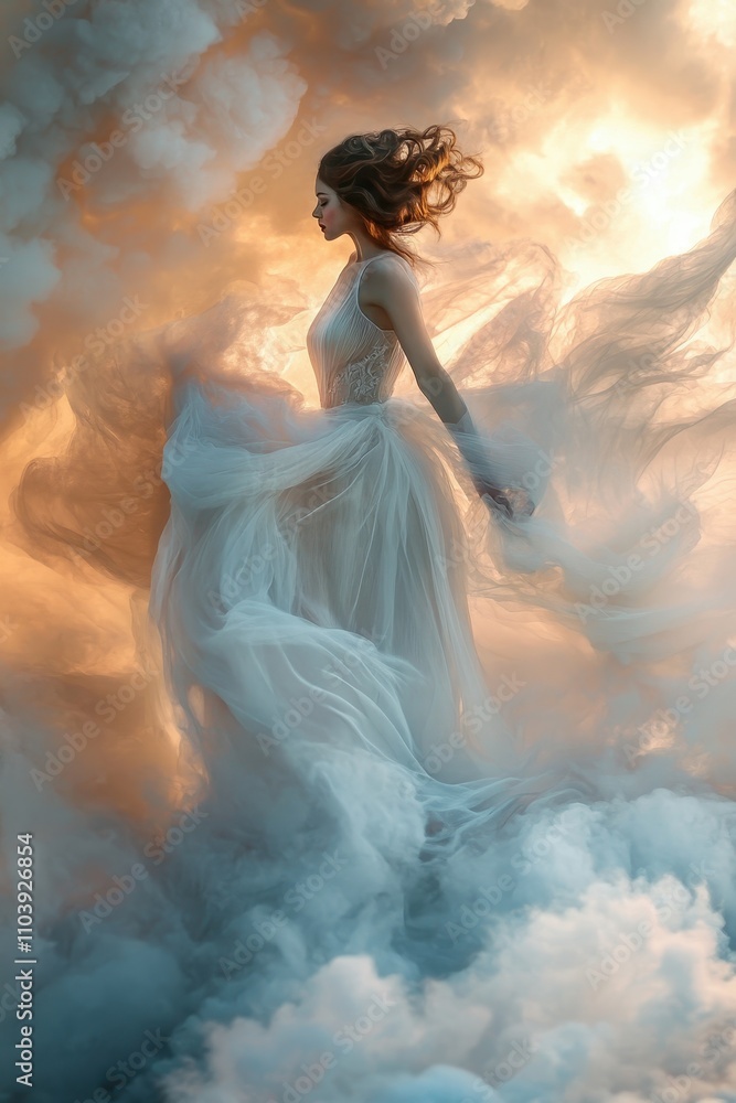 figure dressed in soft flowing translucent fabric gown figure dressed in soft flowing translucent fabric gown