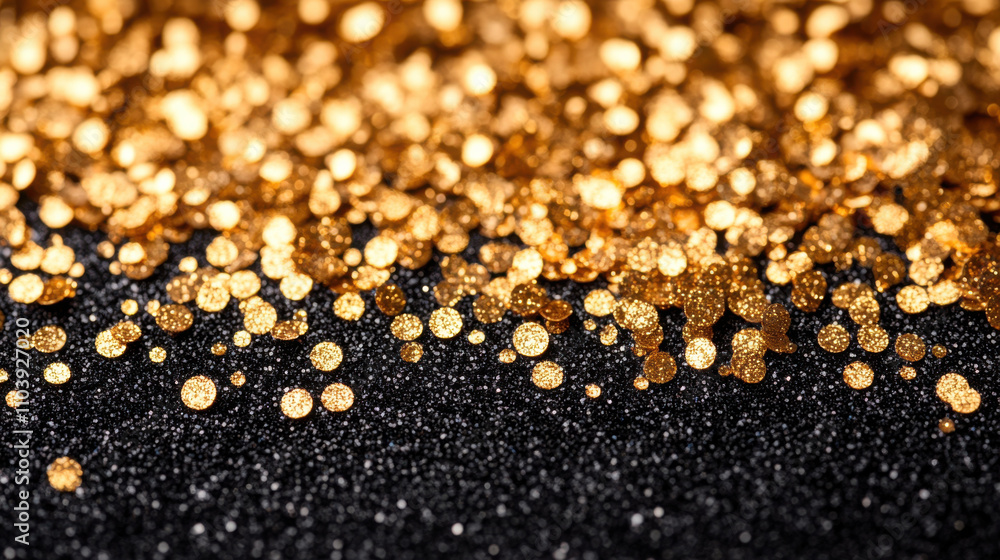 Golden glitter shines brightly against dark background, creating mesmerizing swirl of light and texture. This captures essence of celebration and luxury Golden glitter shines brightly against dark background, creating mesmerizing swirl of light and texture. This captures essence of celebration and luxury