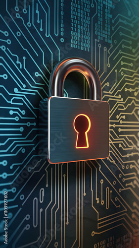 Wallpaper Mural Futuristic lock surrounded by circuits and binary code, emphasizing digital protection Vertical Mobile Wallpaper Torontodigital.ca