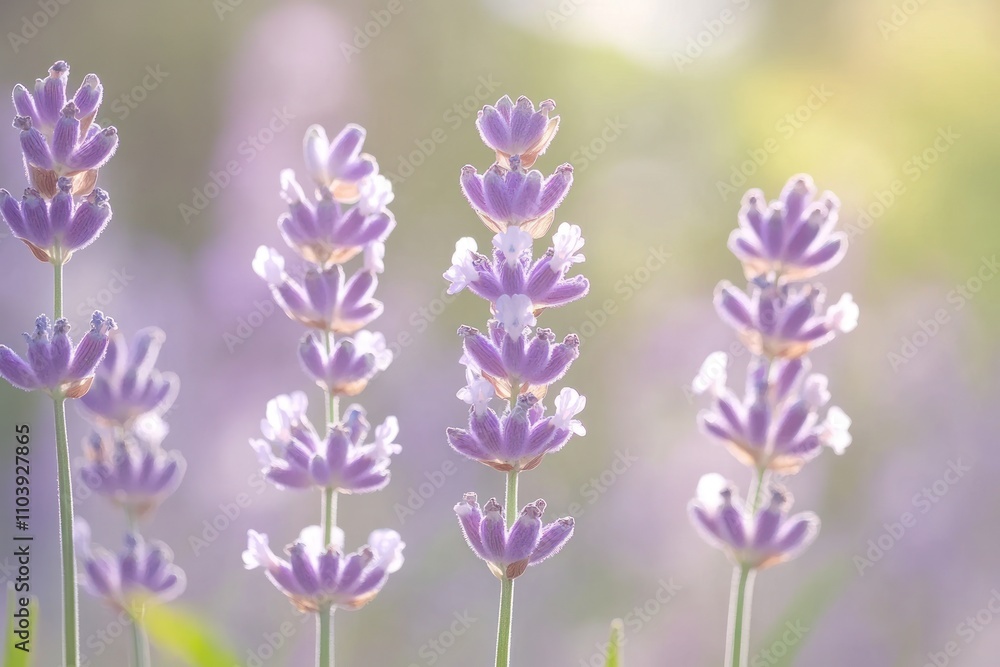 Fototapeta premium A close-up of lavender flowers in soft focus, showcasing their beauty and tranquility.