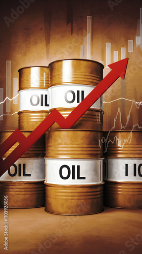 Oil barrels with a red arrow, depicting rising value and commodity market insights Vertical Mobile Wallpaper photo