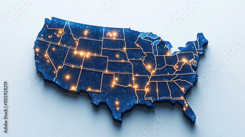 digital map of United States with glowing lights symbolizes industrial and technological hubs, highlighting connectivity and innovation across country