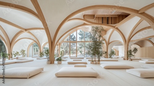 This meditation area features soft cushions arranged for comfort, surrounded by greenery and large windows that allow natural light and views of the peaceful landscape outside photo