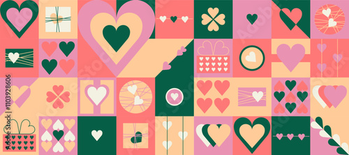 Bauhaus Valentine's day geometric seamless pattern with simple shapes and icons in flat minimalist style. Modern vector ornament, collection of design elements