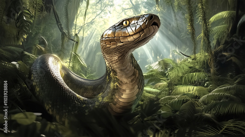 Titanoboa emerging in dense rainforest, sunlight filtering through canopy
