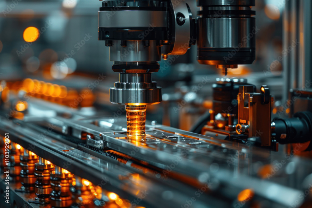 automated production process at a high-tech plant. In the center of the frame is a computer numerical control (CNC) machine processing the part automated production process at a high-tech plant. In the center of the frame is a computer numerical control (CNC) machine processing the part