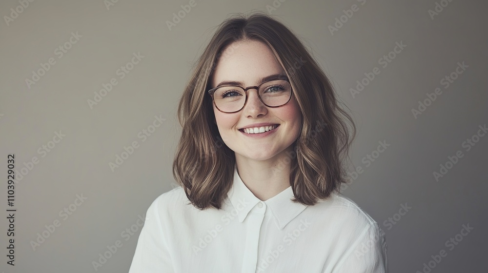 A Confident Young Woman Wearing Glasses and a Casual White Shirt Smiles Warmly Against a Neutral Background. Her Relaxed Expression Conveys Friendliness and Approachability, Enhanced by AI-Generated D A Confident Young Woman Wearing Glasses and a Casual White Shirt Smiles Warmly Against a Neutral Background. Her Relaxed Expression Conveys Friendliness and Approachability, Enhanced by AI-Generated D