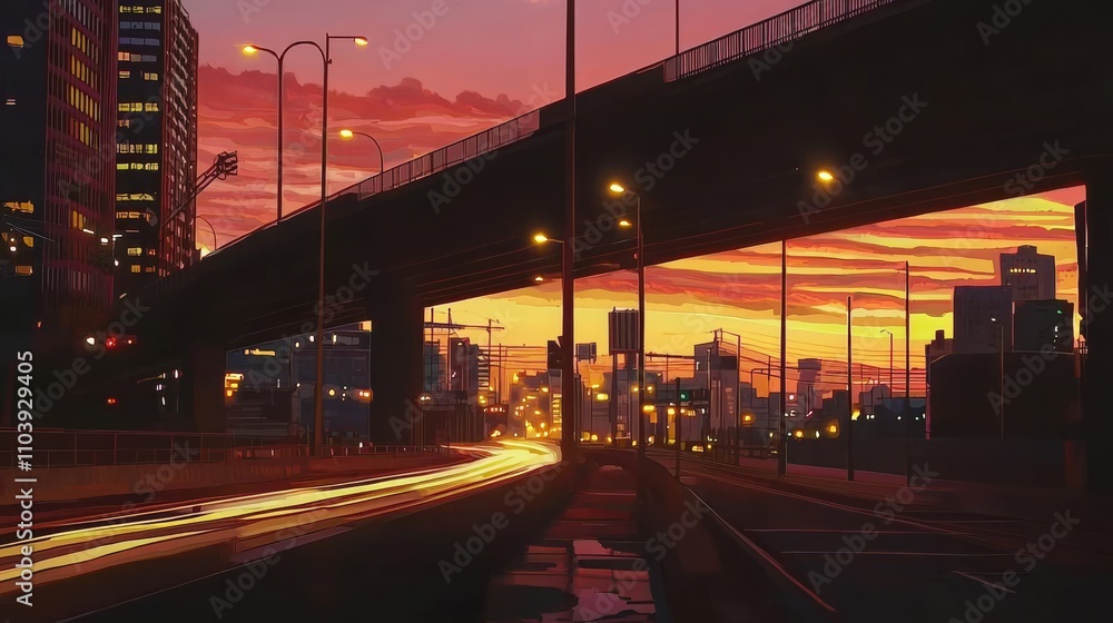 Capture the beauty of a sunset in an urban setting, focusing on the interplay between natural light and man-made structures Capture the beauty of a sunset in an urban setting, focusing on the interplay between natural light and man-made structures